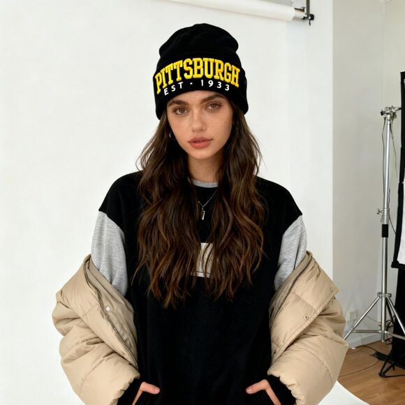 Women's Black & Yellow Soft Knit Winter Hat For Cold Weather Beanie Toque Hat - Picture 6 of 6